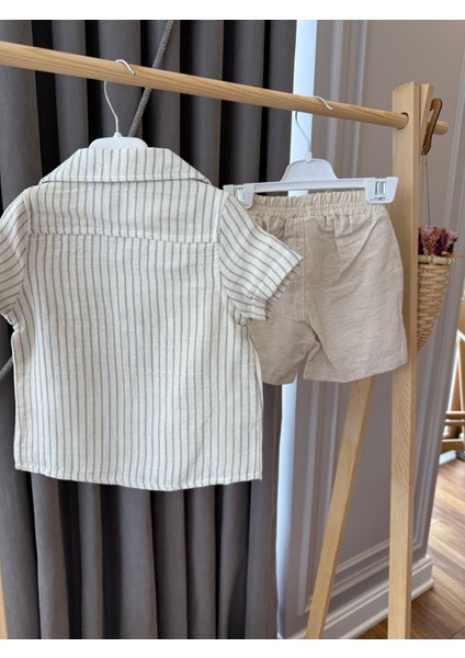 aden Düğün Özel Gün Doğum Günü Marine Çizgili Keten Gömlekli Şortlu Erkek Bebek Takım modelleri