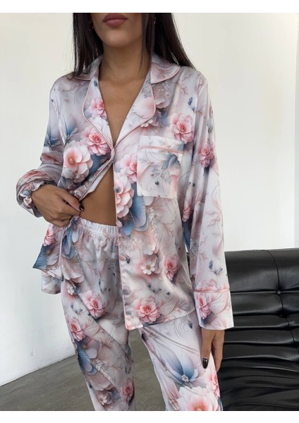 Ipek Saten Pijama Pembe Çiçek Desenli M
