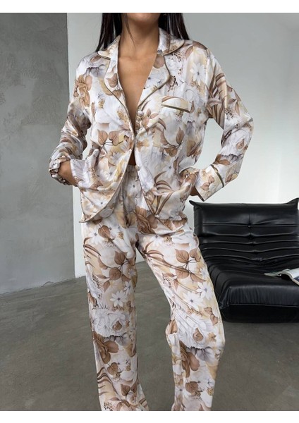 Ipek Saten Pijama Kahve Çiçek Desenli M
