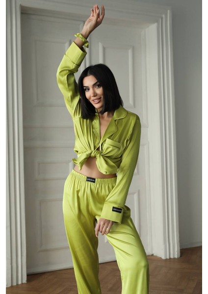 Ipek Saten Pijama Yağ Yeşili - Xl