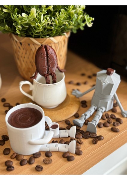 3D Kahve Köşesi Sevimli Biblo Seti 3'lü,kahve Çekirdeği,beyaz Kahve Kupası,moko Pot,coffee Set