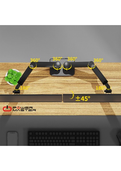 Powermaster 13-32 \" LCD / LED Monitör Çift Tutucu, Kol Amortisörlü, Vesa, Monitör Standı 2-20 Kg, Stand Askı Aparatı,