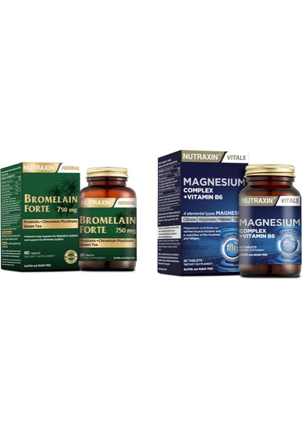 Bromelain Forte 750 Mg 60 Tablet + Nutraxin Magnesium Complex Vitamin B6 60 Tablet