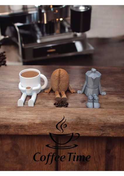 Sevimli Kahve Figür Biblo Seti (3'lü)/kahve Köşesi Dekor,kahve Fincanı, Kahve Çekirdeği ve Moka Pot