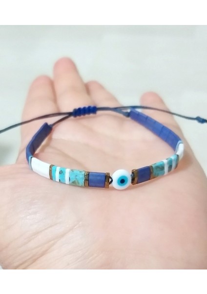 Beyaz Cam Nazar Boncuklu Lacivert Mavi Beyaz Miyuki Tila Unisex Bileklik
