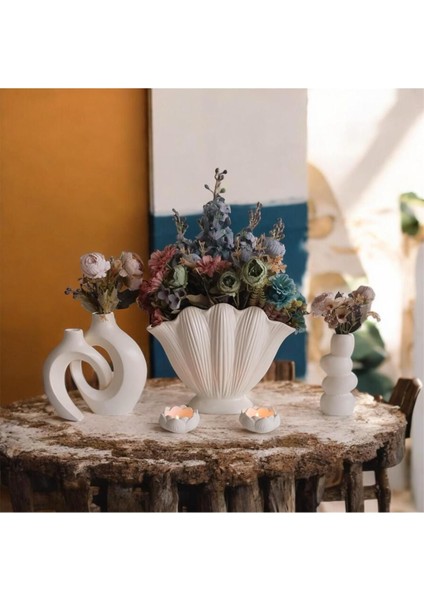 Ev Dekorasyon, Krem Tasarım Büyük Boy Istiridye Yanında 2 Adet Vazo ,mumluk Dekoratif Set ,yük.30 C modelleri