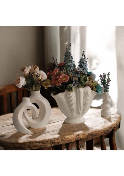 Ev Dekorasyon, Krem Tasarım Büyük Boy Istiridye Yanında 2 Adet Vazo ,mumluk Dekoratif Set ,yük.30 C fırsatları