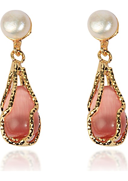 24 Ayar Altın Kaplama Paraşüt Küpe, Pembe Quartz Taşı