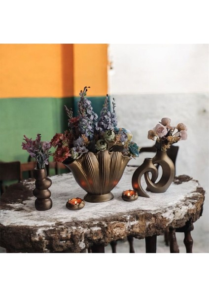 Ev Dekorasyon, Gold Tasarım Büyük Istiridye Yanında 2 Adet Vazo ,mumluk Dekoratif Set ,yük.30 cm modelleri