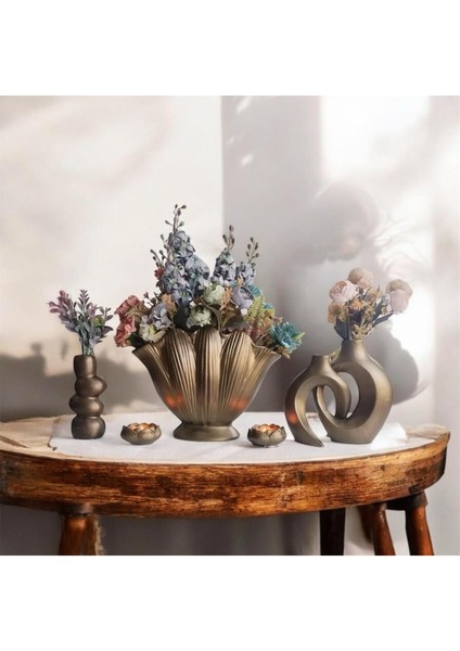 Ev Dekorasyon, Gold Tasarım Büyük Istiridye Yanında 2 Adet Vazo ,mumluk Dekoratif Set ,yük.30 cm fırsatları