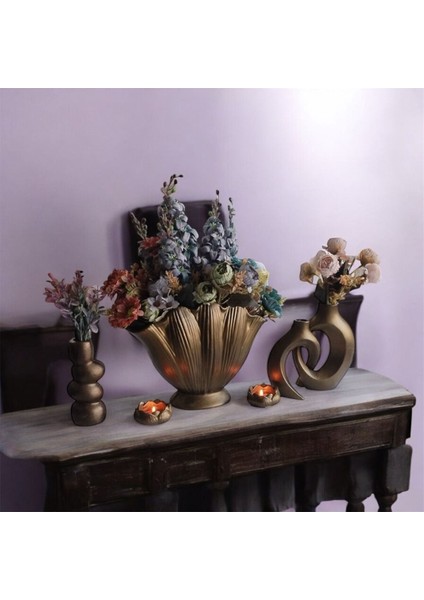 Ev Dekorasyon, Gold Tasarım Büyük Istiridye Yanında 2 Adet Vazo ,mumluk Dekoratif Set ,yük.30 cm indirimleri