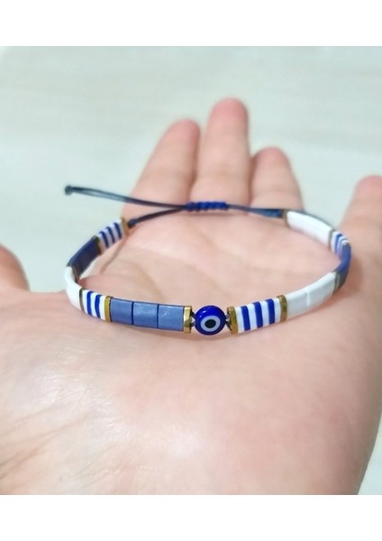 Hematit Doğaltaşlı Nazar Boncuklu Asimetrik Lacivert Beyaz Miyuki Tila Unisex Bileklik