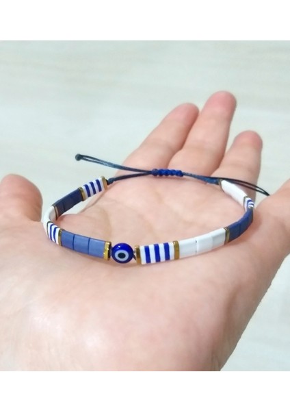 Hematit Doğaltaşlı Nazar Boncuklu Asimetrik Lacivert Beyaz Miyuki Tila Unisex Bileklik fırsatları