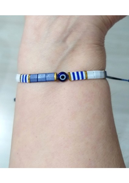 Hematit Doğaltaşlı Nazar Boncuklu Asimetrik Lacivert Beyaz Miyuki Tila Unisex Bileklik indirimleri