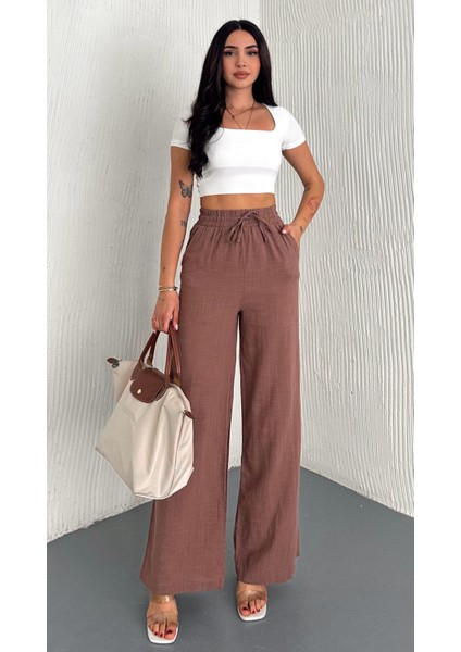 Kadın Keten Beli Lastikli Palazzo Pantolon - Astarlı Rahat Kesim Bol Paça Yazlık Palazzo