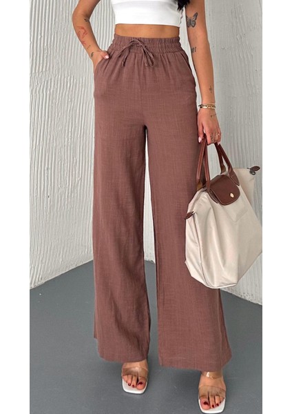 Kadın Keten Beli Lastikli Palazzo Pantolon - Astarlı Rahat Kesim Bol Paça Yazlık Palazzo fiyatları