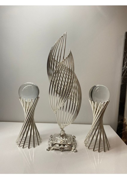 3 Lü Set : Gümüş Renk Metal Tasarımlı 2 Burgulu ve 1 Helezon Dekorasyon Objesi, Hediyelik Lüks Ev fırsatları