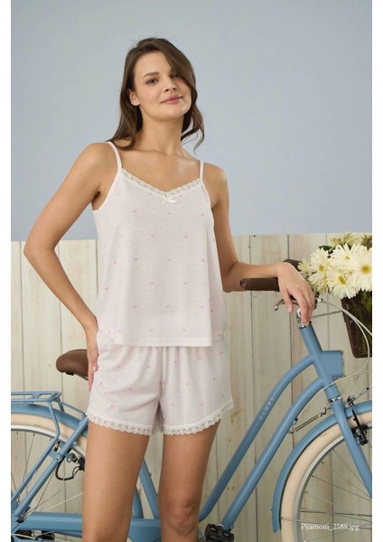Ip Askılı Şortlu Pembe Çizgili Pijama Takımı - 2780
