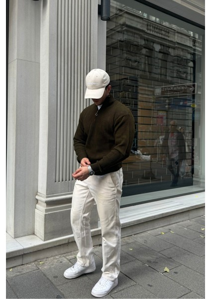 Erkek Yarım Fermuarlı Dik Yaka Kalın Kazak Triko