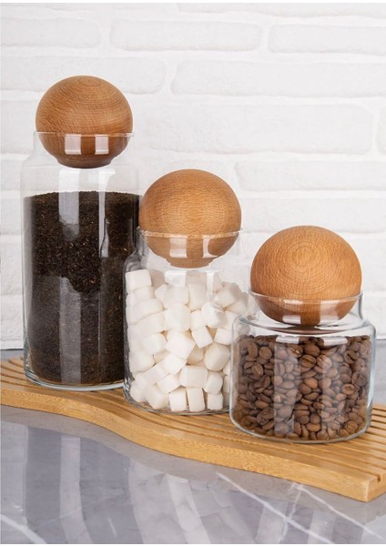 3'lü Bambu Top Ahşap Kapaklı Kavanoz Set Cam