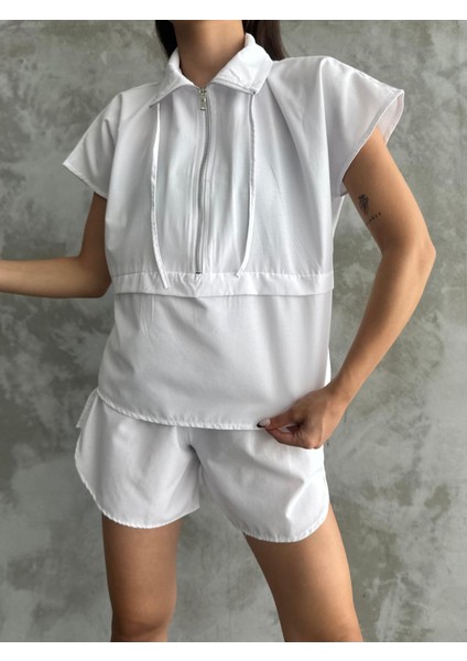 Beyaz Terry Cotton Fermuarlı Şort Takım