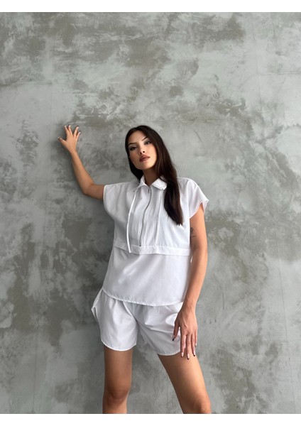 Beyaz Terry Cotton Fermuarlı Şort Takım modelleri