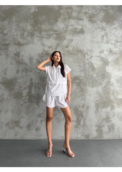 Beyaz Terry Cotton Fermuarlı Şort Takım indirimleri