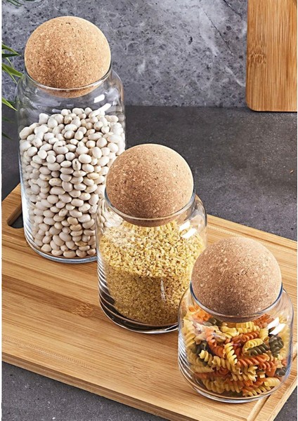 3'lü Bambu Kapaklı Cam Kavanoz Set