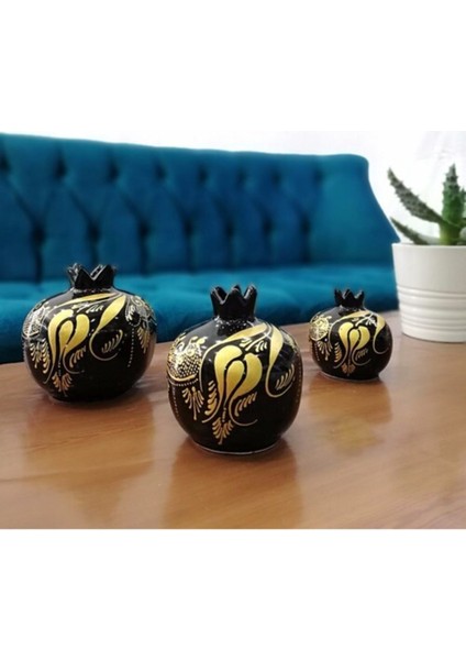 3'lü Set El Işi Çini Siyah Altın Yaldızlı Nar Takımı