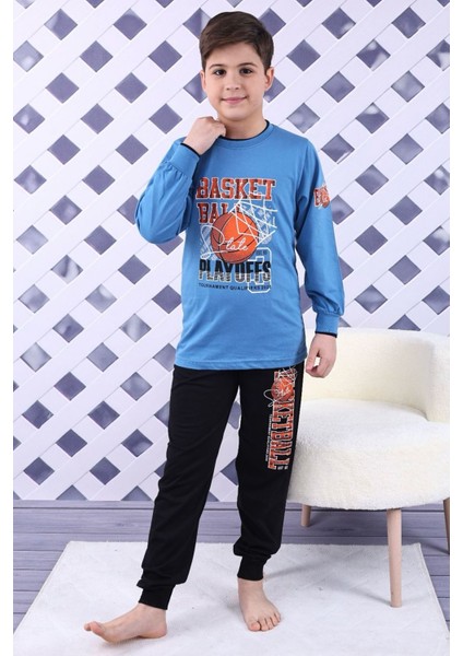 Kapip Mavi Basket Baskılı Uzun Kollu Erkek Çocuk Pijama Takımı 11-15 Yaş 7017-M