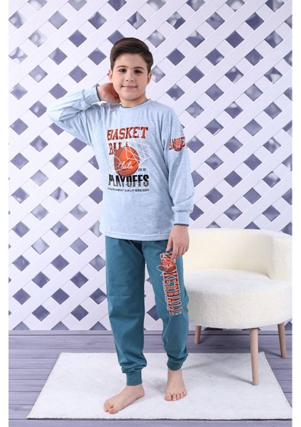 Kapip Gri Basket Baskılı Uzun Kollu Erkek Çocuk Pijama Takımı 11-15 Yaş 7017-G