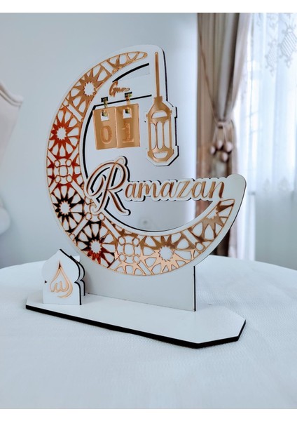 Ramazan Gün Sayacı Ahşap Masa Üstü Dekoratif Beyaz Ahşap Gold Pleksi Masa Takvimi Ramazan Sayaç