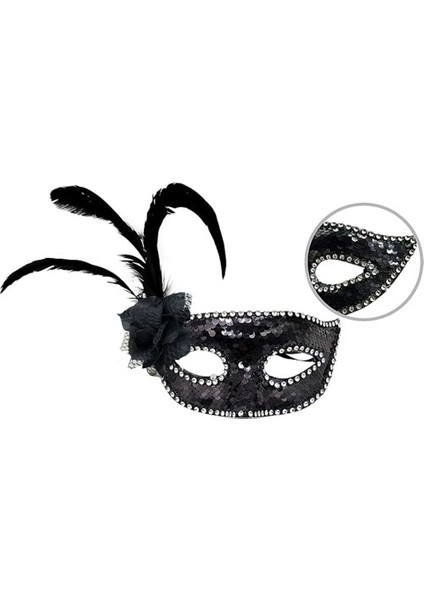 Siyah Yandan Tüylü Güllü Taşlı Pullu Maske Tdrtr