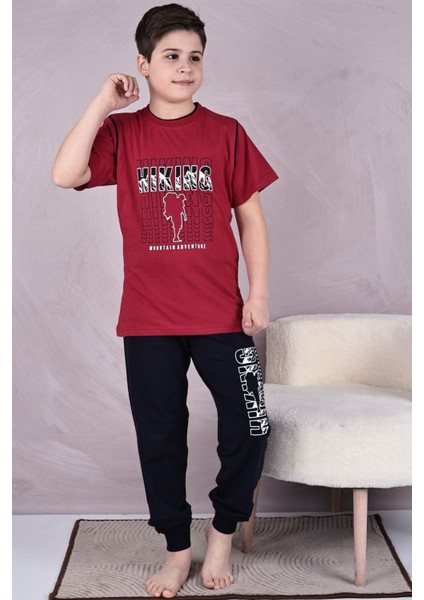 Kapip Bordo Hıkıng Baskılı Kısa Kollu Erkek Çocuk Pijama Takımı 11-15 Yaş 7025-B