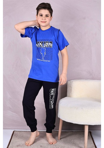 Kapip Saks Mavi Hıkıng Baskılı Kısa Kollu Erkek Çocuk Pijama Takımı 11-15 Yaş 7025-SM