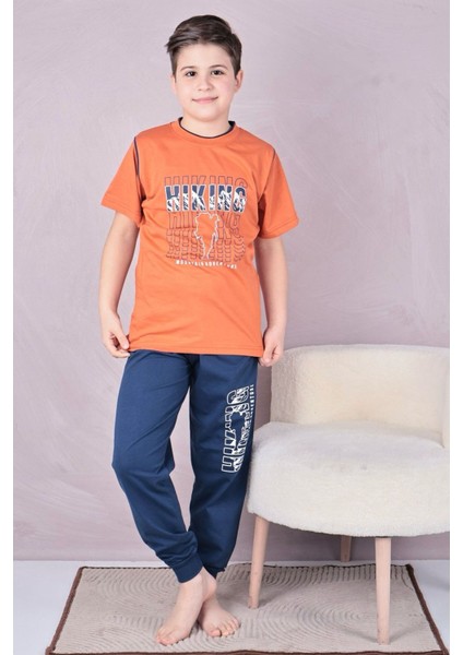 Kapip Turuncu Hıkıng Baskılı Kısa Kollu Erkek Çocuk Pijama Takımı 11-15 Yaş 7025-T
