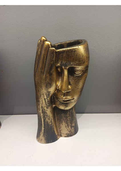 Dekoratif Polyester Tekli Kadın Yüzlü Saksı Vazo Gold Eskitme
