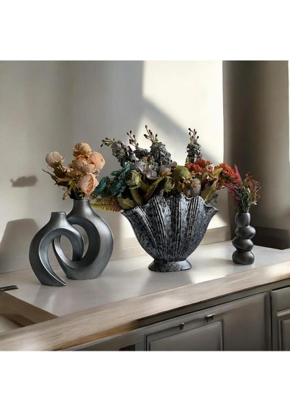 Ev Dekorasyon, Gümüş Tasarım Büyük Istiridye Yanında 2 Adet Vazo ,mumluk Dekoratif Set ,yük.30 cm