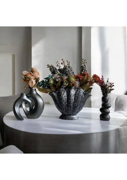 Ev Dekorasyon, Gümüş Tasarım Büyük Istiridye Yanında 2 Adet Vazo ,mumluk Dekoratif Set ,yük.30 cm fiyatları