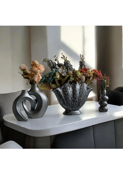 Ev Dekorasyon, Gümüş Tasarım Büyük Istiridye Yanında 2 Adet Vazo ,mumluk Dekoratif Set ,yük.30 cm modelleri