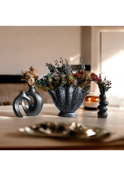 Ev Dekorasyon, Gümüş Tasarım Büyük Istiridye Yanında 2 Adet Vazo ,mumluk Dekoratif Set ,yük.30 cm fırsatları