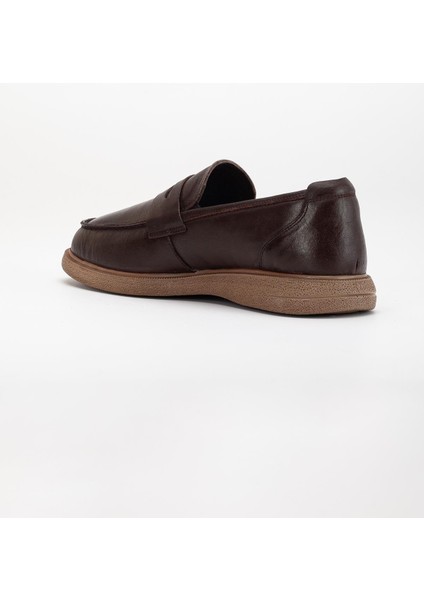 Hakiki Deri Erkek Loafer Ayakkabı Kahve Kolej Model Düz Taban