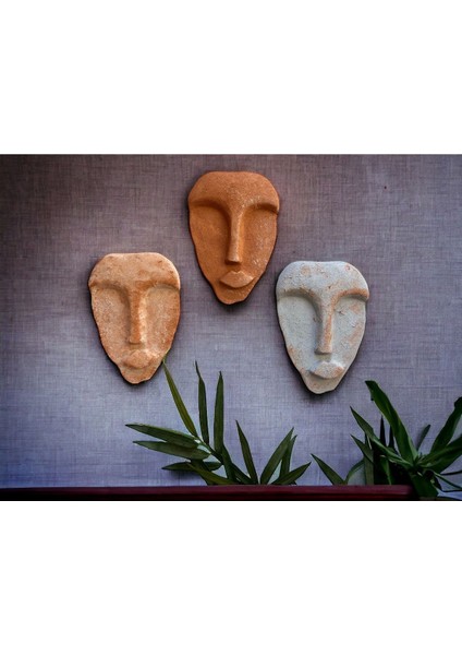 El Yapımı Taş Heykel Soyut Yüz Maske 3'li Set, Modern Beton,eskitme Taş Görünümlü Duvar Dekor