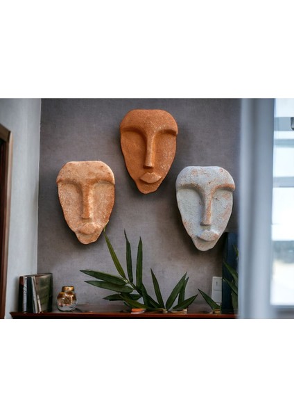 El Yapımı Taş Heykel Soyut Yüz Maske 3'li Set, Modern Beton,eskitme Taş Görünümlü Duvar Dekor