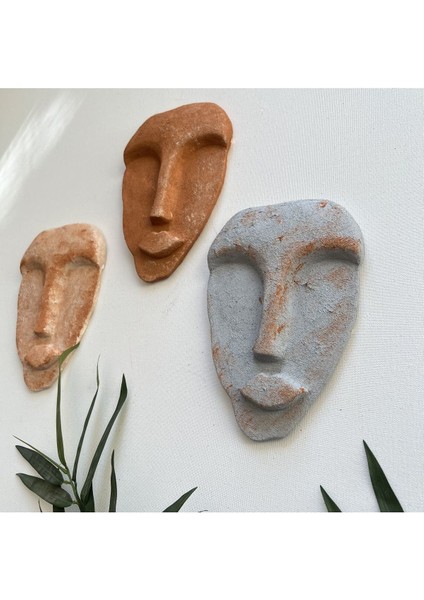 El Yapımı Taş Heykel Soyut Yüz Maske 3'li Set, Modern Beton,eskitme Taş Görünümlü Duvar Dekor