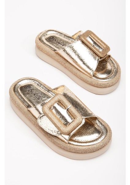 Kadın Taşlı Dolgu Topuk Terlik Gold Taban Taş Detaylı