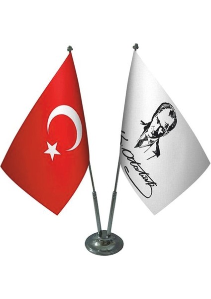 Masaüstü Atatürk Imzalı Bayrağı Türk Bayrağı Ikili Krom Direk Masa Bayrak Seti