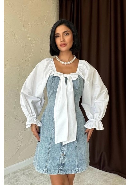 Mavi Önü Fiyoklu Kot Elbise