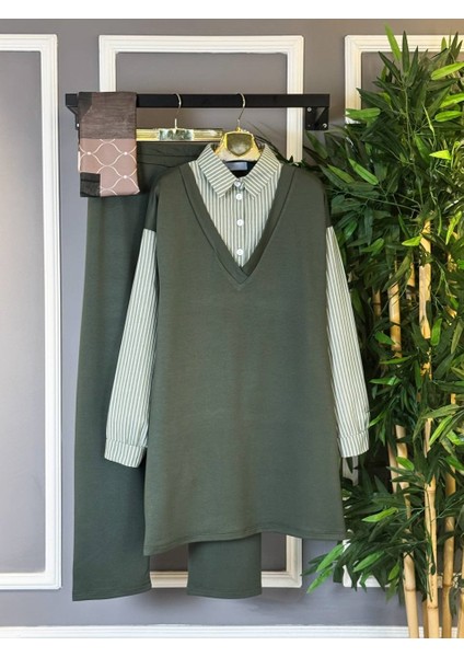 Oysho Kumaş Ikili Çizgili Takım - Oysho Kumaş Tesettür Ikili Hırka Tip Gömlek Pantolon Takım modelleri