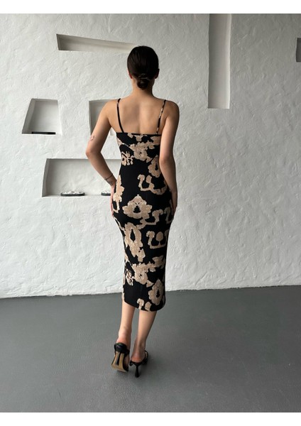 Siyah Desenli Gofret Göğüs Bağlamalı Askılı Elbise indirimleri